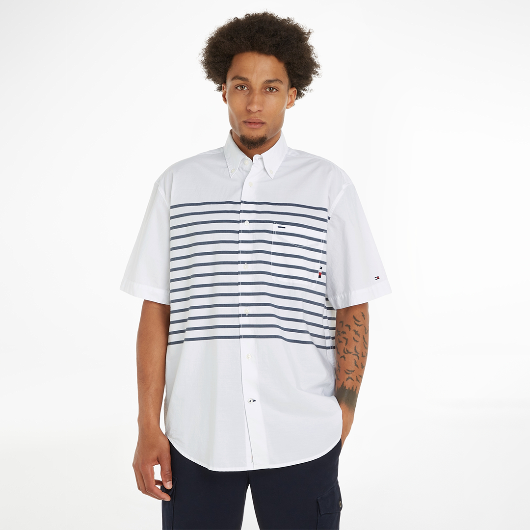 Breton Placed Stripe Shirt S/S Optic White / Carbon Navy / L