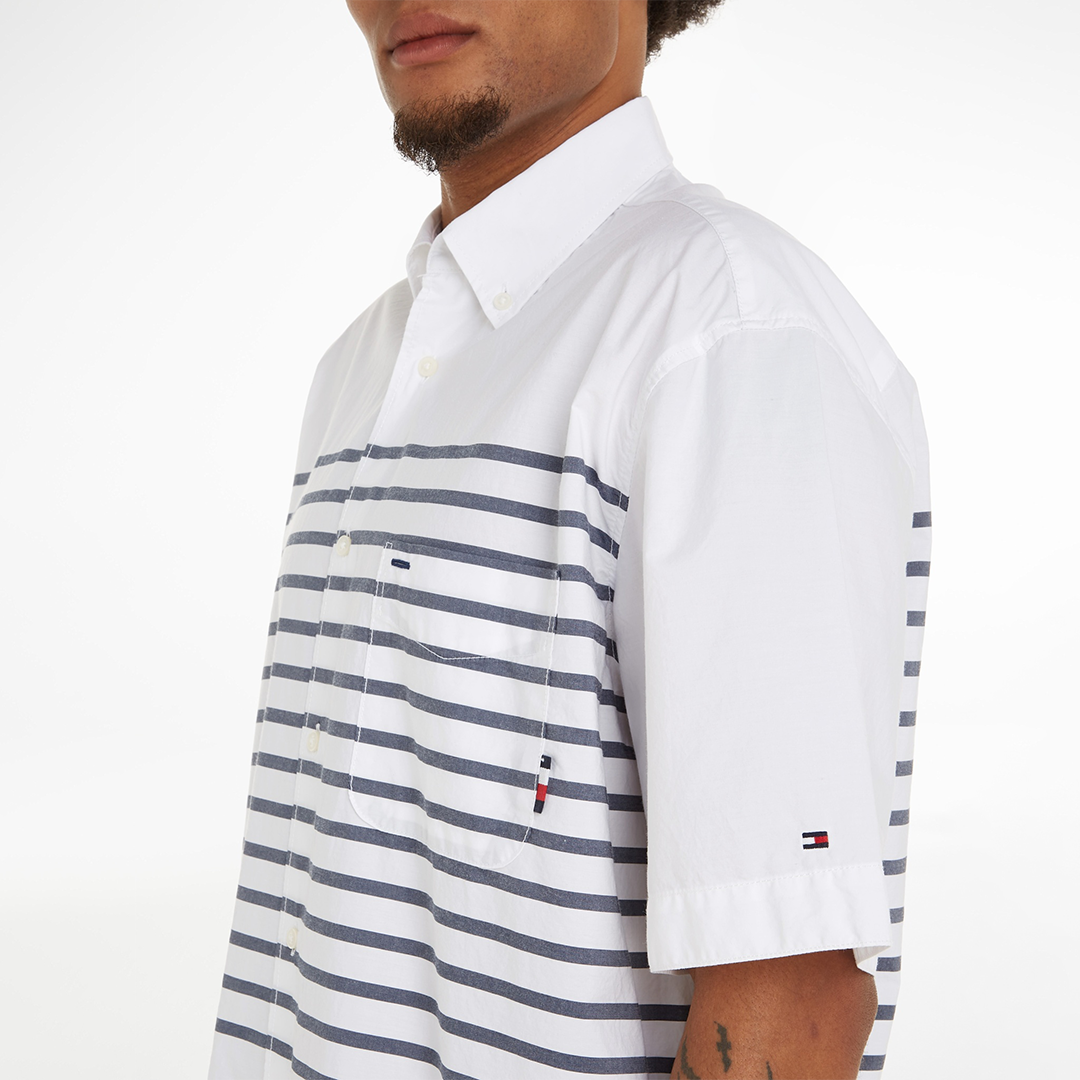 Breton Placed Stripe Shirt S/S Optic White / Carbon Navy / L