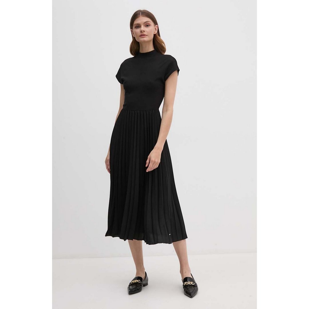 5X2 Rib Mk-Nk Pleat Midi Drs Ss Black / SM