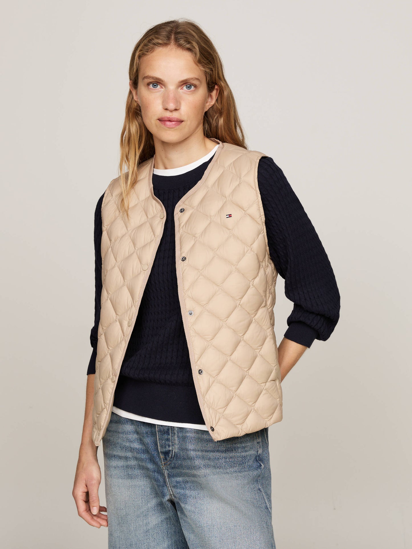 Lw Down Quilted Collarless Vest Beige / L