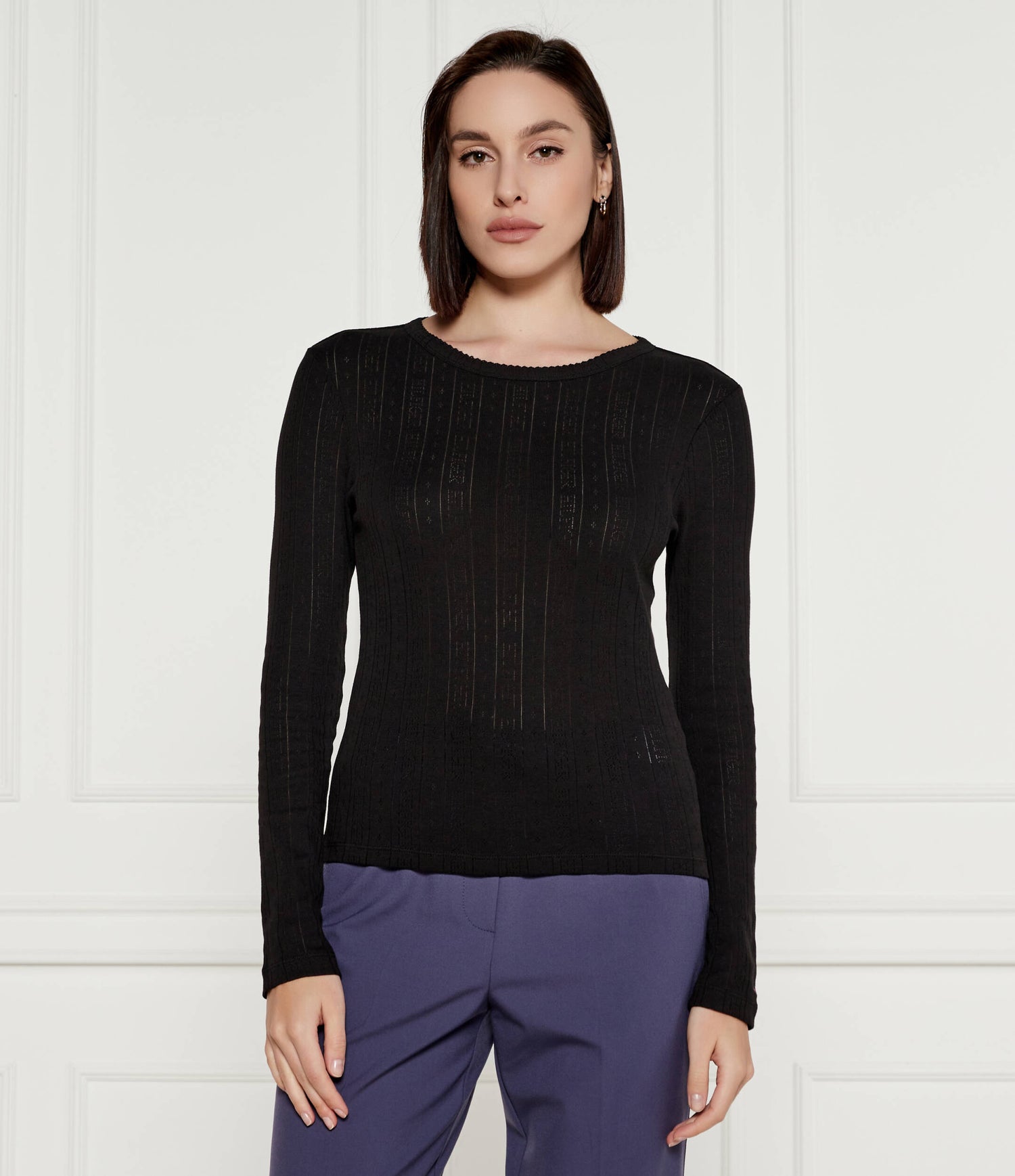 Slim Pointelle C-Nk Ls Black / L