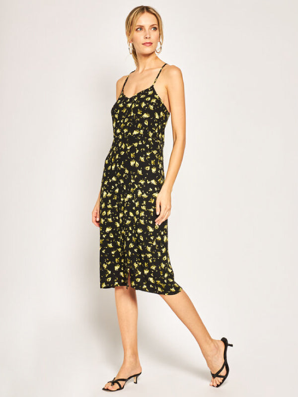 Floral Cross Back Slip Dress Grungy Halftone Yellow Floral / L