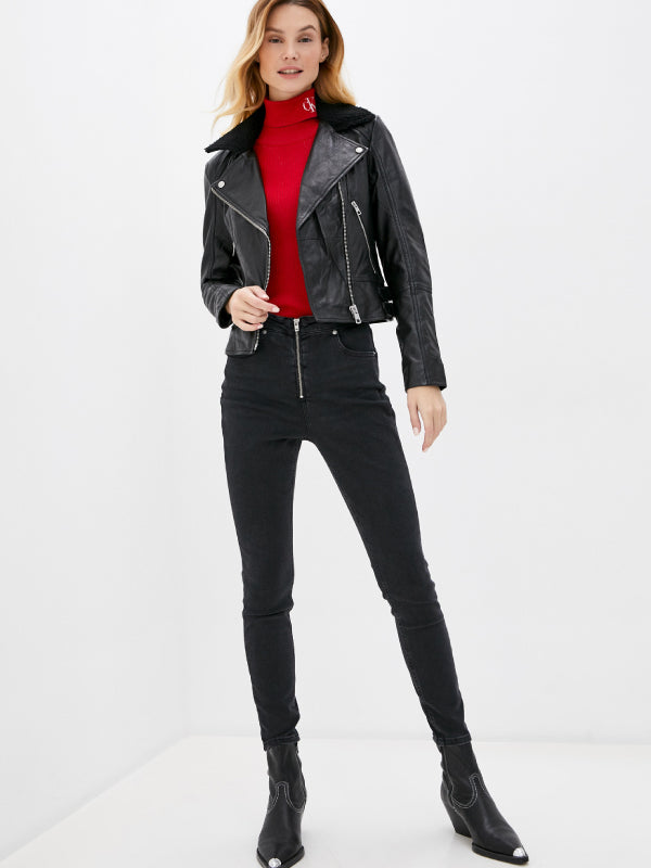 Shearling Trimmed Leather Jacket CK Black / L