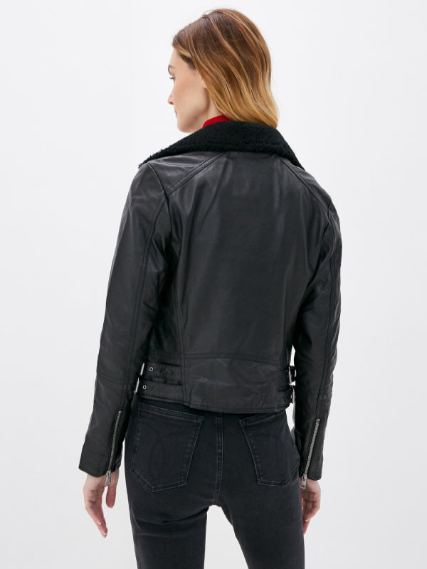 Shearling Trimmed Leather Jacket CK Black / L