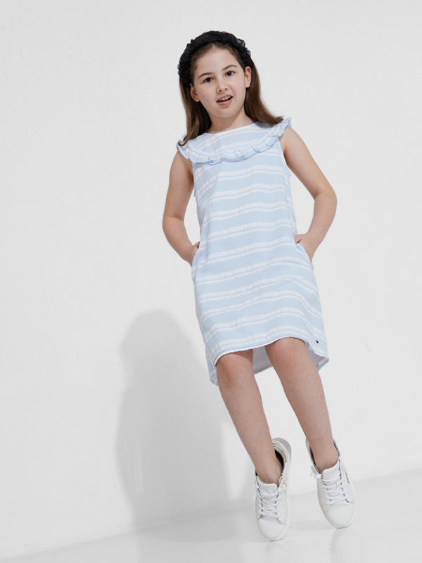 Seersucker Ruffle Dress Slvls Calm Blue/ White / 10