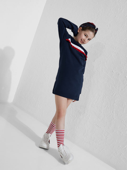 Ruffle Rib Sweat Dress L/S Twilight Navy / 10