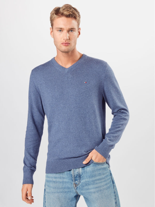 Pima Cotton Cashmere V Neck Faded Indigo Heather / L