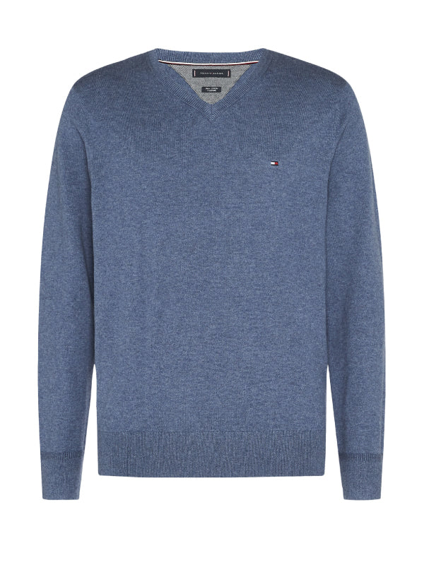 Pima Cotton Cashmere V Neck Faded Indigo Heather / L