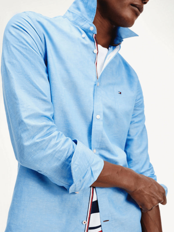 Slim Melange Cotton Linen Shirt Copenhagen Blue / L