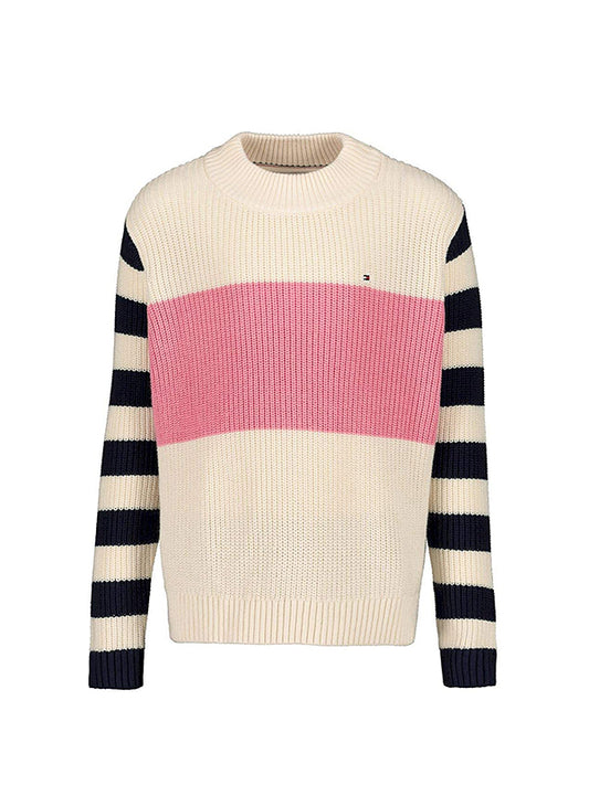 Chunky Stripe Mock Neck Sweater Eggnog/ Cashmere Rose / 10